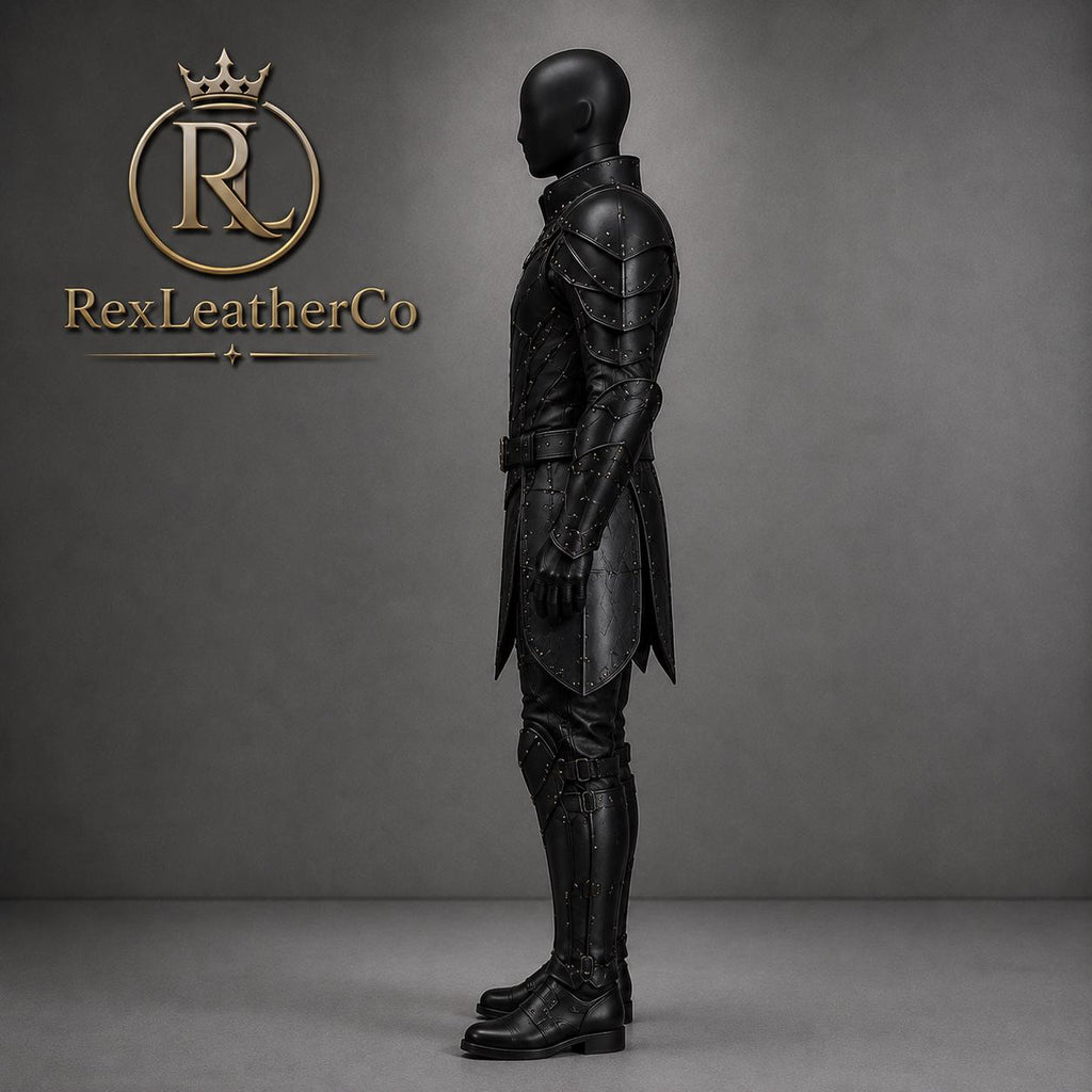 Black Leather Knight Armor Costume, Medieval Warrior Full Body Cosplay Suit
