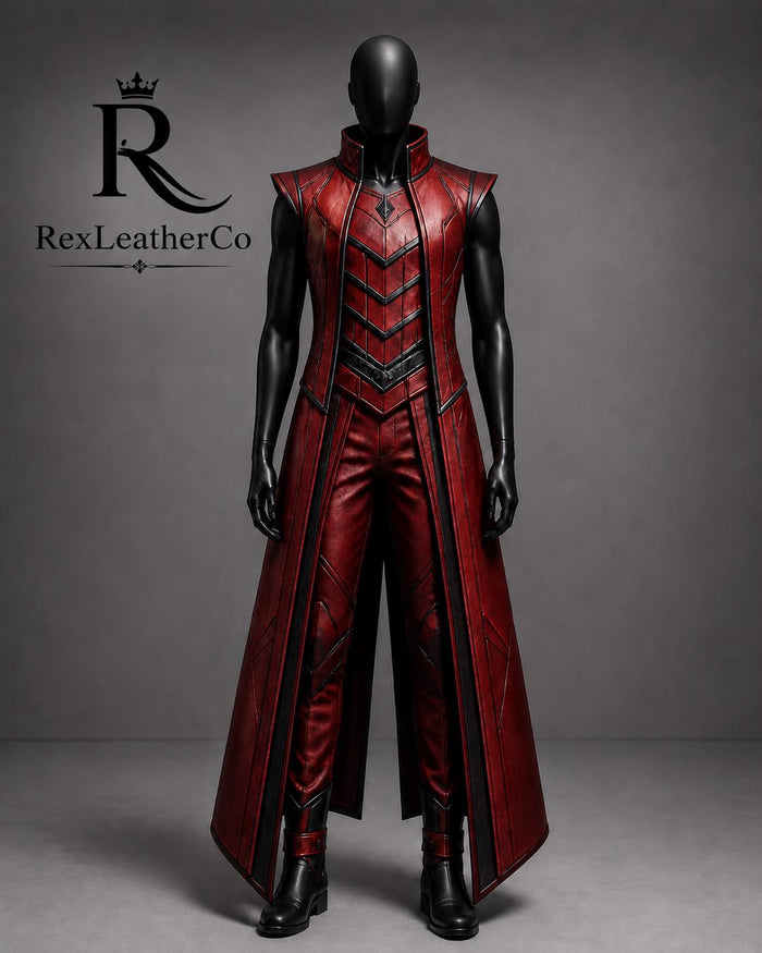 Handmade Red Black Leather Fantasy Warrior Costume, Gothic LARP Outfit (Custom Sizing)