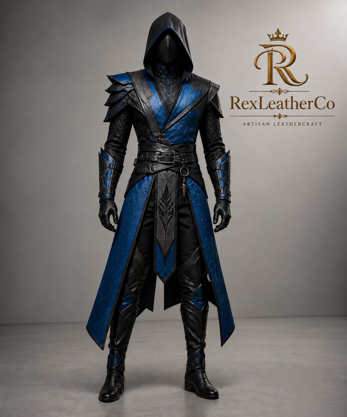 Handmade Black Blue Leather Assassin Costume, Hooded Warrior Armor, Fantasy Cosplay LARP Suit
