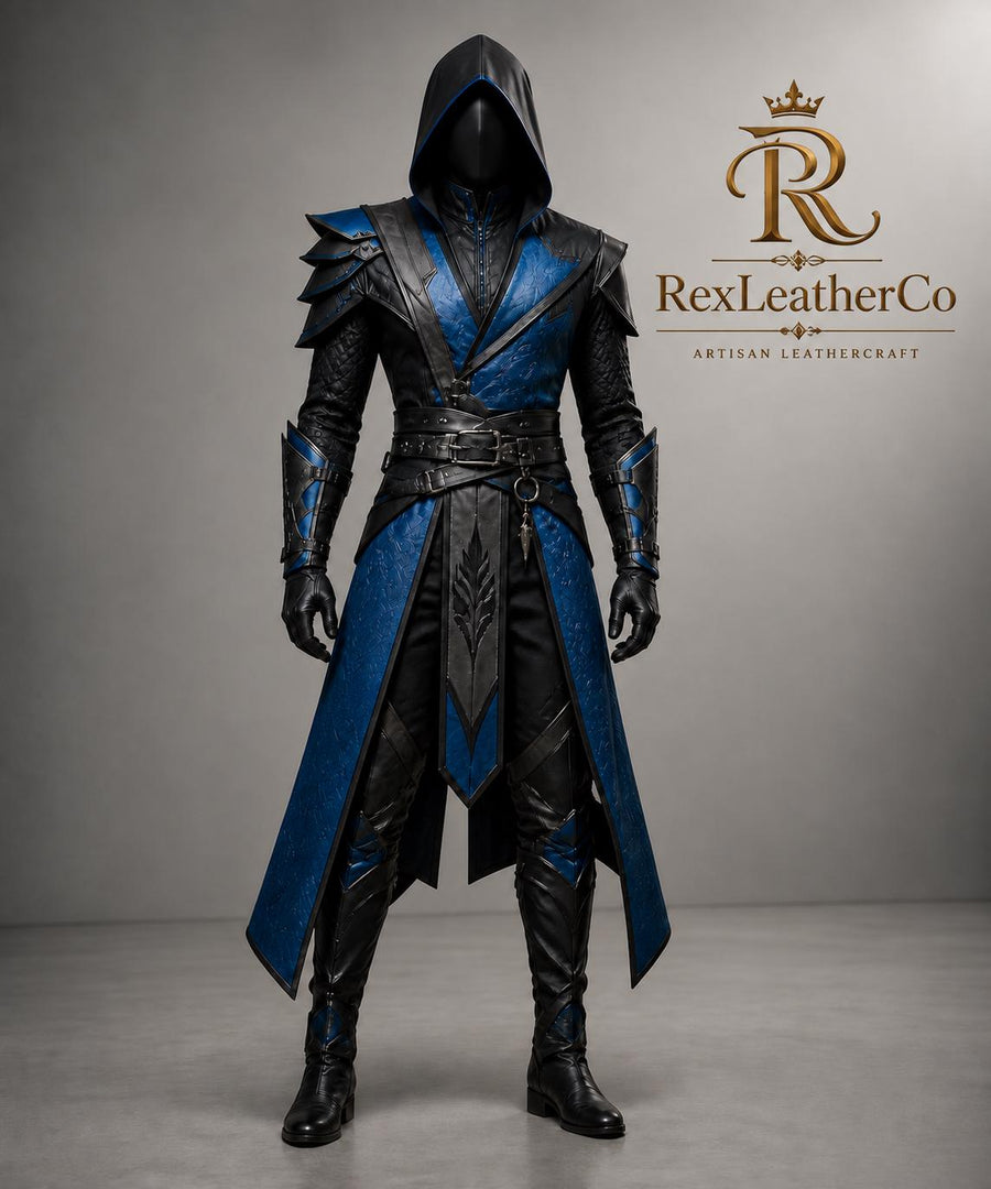 Handmade Black Blue Leather Assassin Costume, Hooded Warrior Armor, Fantasy Cosplay LARP Suit