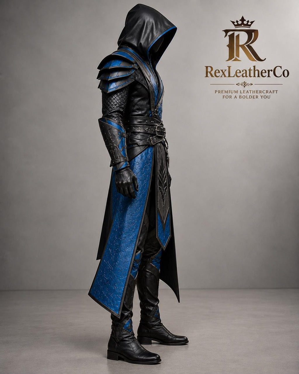 Handmade Black Blue Leather Assassin Costume, Hooded Warrior Armor, Fantasy Cosplay LARP Suit