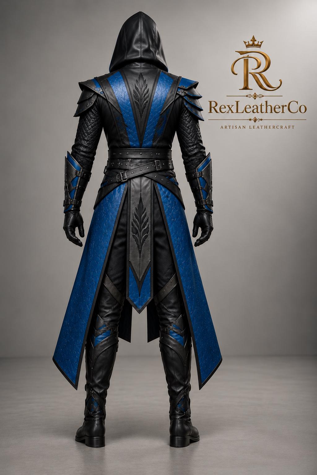Handmade Black Blue Leather Assassin Costume, Hooded Warrior Armor, Fantasy Cosplay LARP Suit