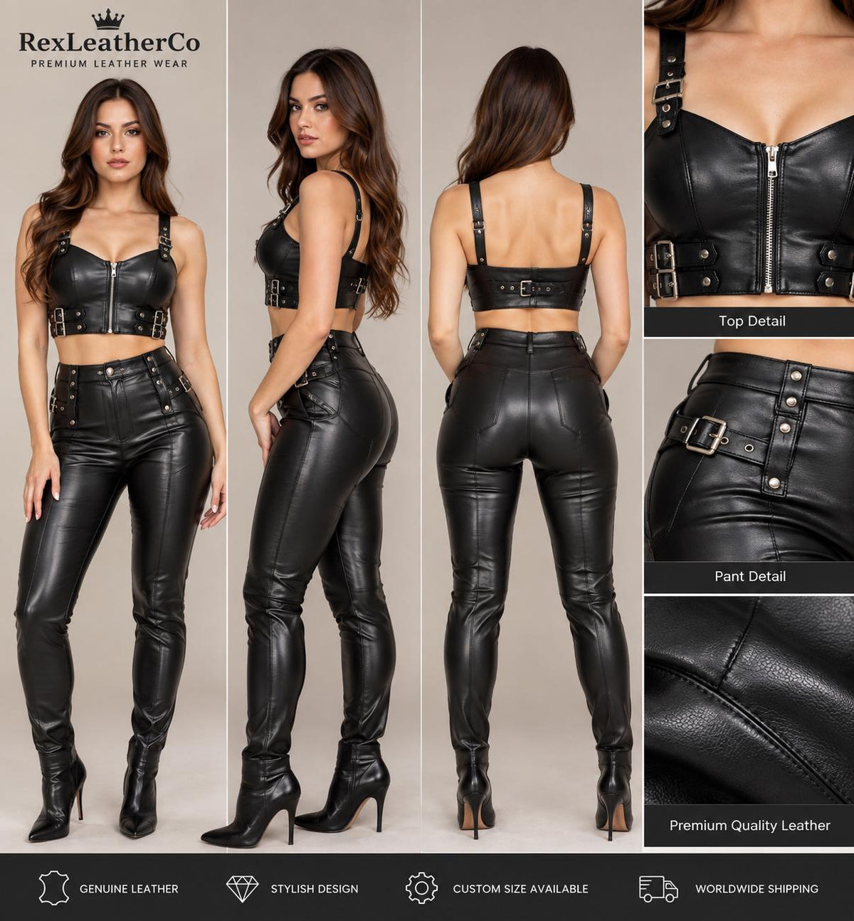 Handmade Black Leather Two-Piece Set, Gothic Biker Crop Top & Pants