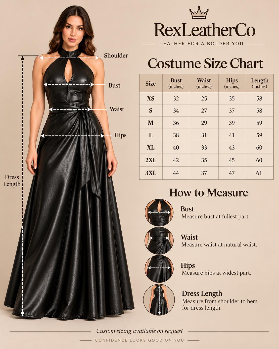 Handmade Black Leather Maxi Dress, Halter Neck Evening Gown, Custom Size