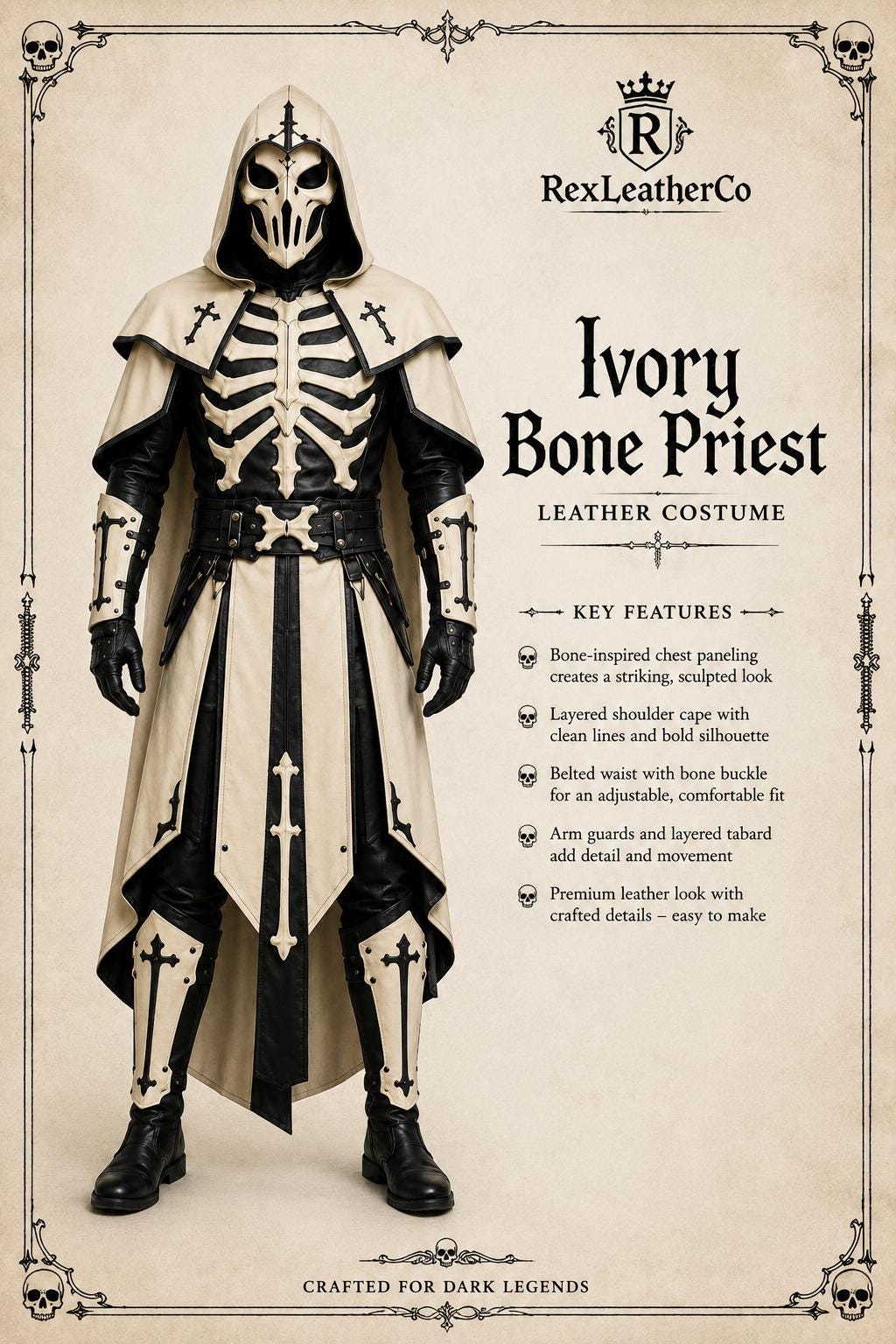 Ivory Bone Priest Leather Costume, Gothic Skeleton Armor Outfit, Hooded Fantasy Cosplay, Medieval LARP Costume, Halloween Armor