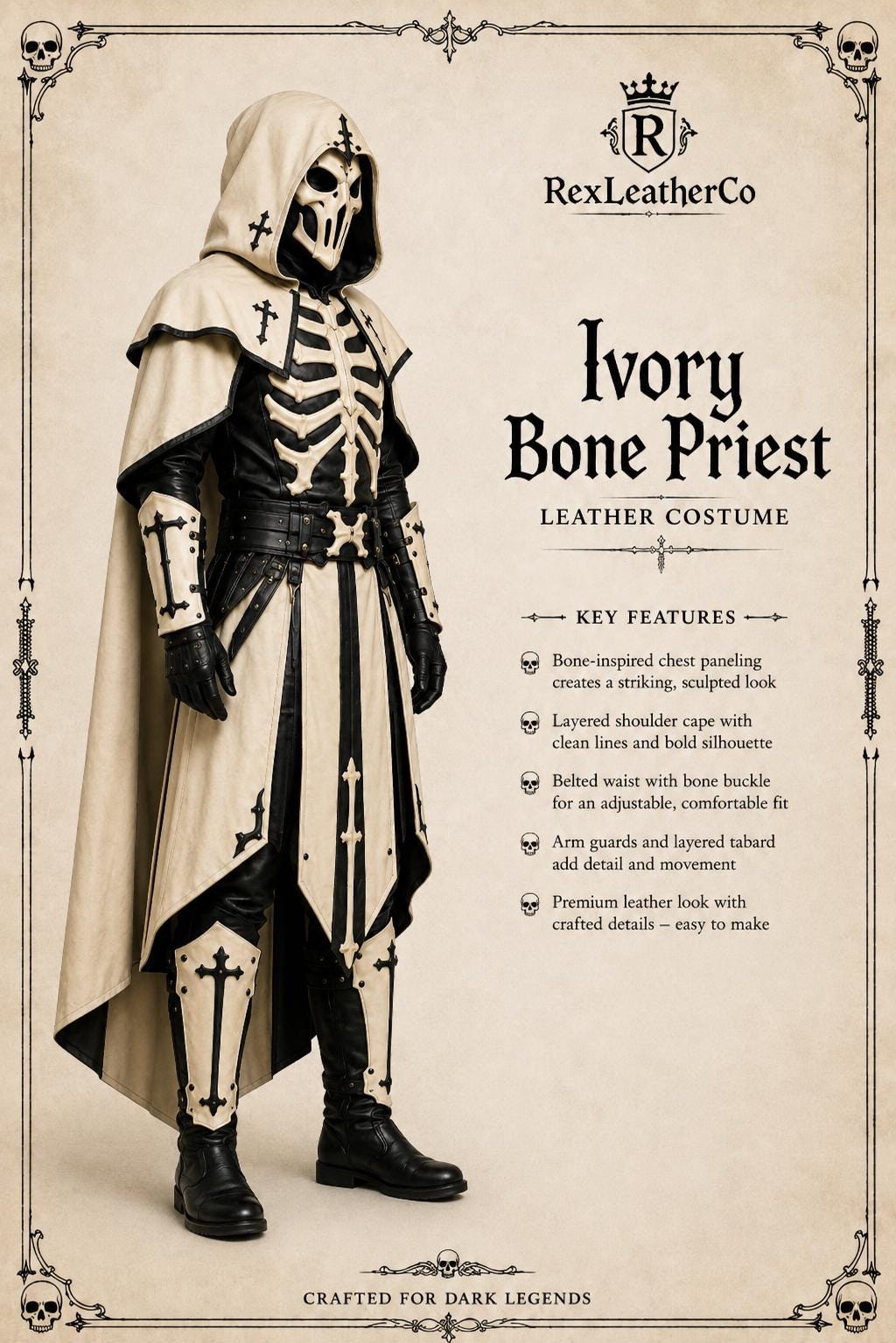 Ivory Bone Priest Leather Costume, Gothic Skeleton Armor Outfit, Hooded Fantasy Cosplay, Medieval LARP Costume, Halloween Armor