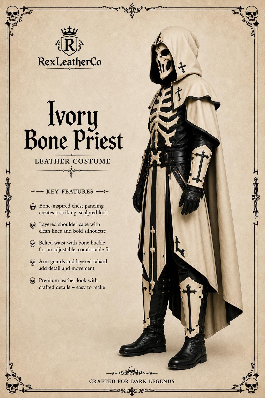 Ivory Bone Priest Leather Costume, Gothic Skeleton Armor Outfit, Hooded Fantasy Cosplay, Medieval LARP Costume, Halloween Armor