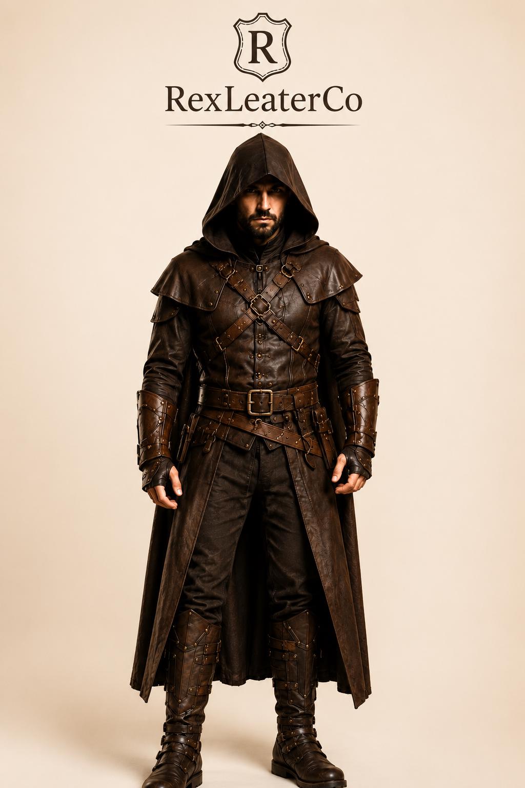 Handmade Brown Leather Medieval Hooded Armor Costume, Viking Fantasy Cosplay LARP Outfit