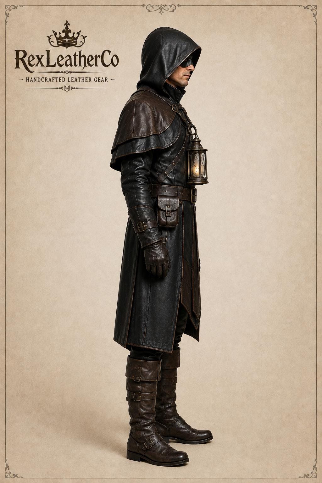 Handmade Black Brown Leather Assassin Costume, Hooded Medieval Ranger Outfit (LARP Cosplay)