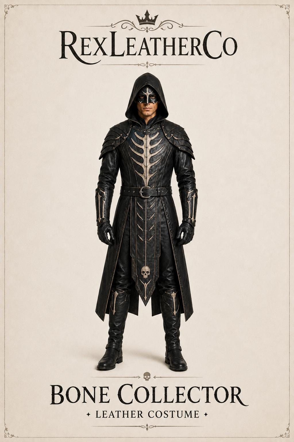 Handmade Black Leather Bone Collector Costume – Gothic Medieval Warrior Outfit (Custom Sizing)