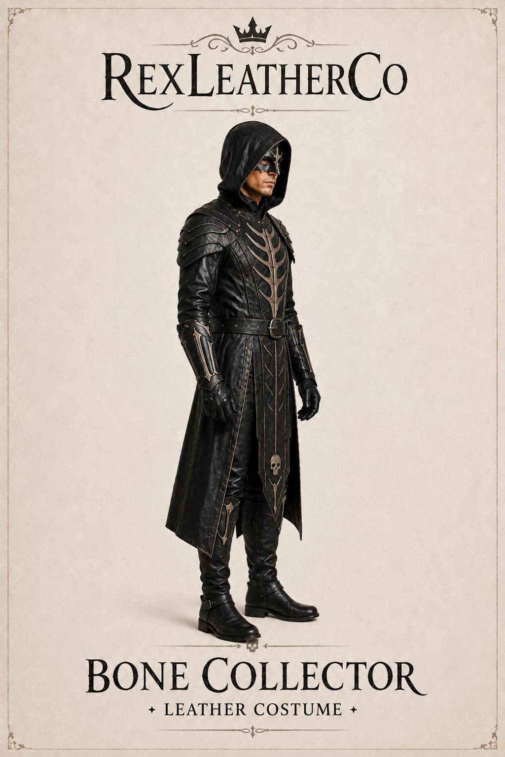 Handmade Black Leather Bone Collector Costume – Gothic Medieval Warrior Outfit (Custom Sizing)