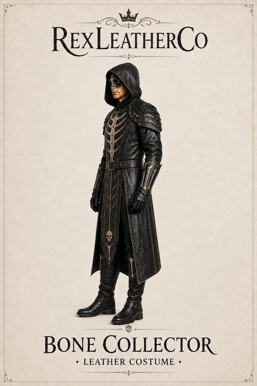 Handmade Black Leather Bone Collector Costume – Gothic Medieval Warrior Outfit (Custom Sizing)