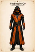 Handmade Leather Halloween Costume, Gothic Pumpkin Mask, Black Orange Cosplay Outfit