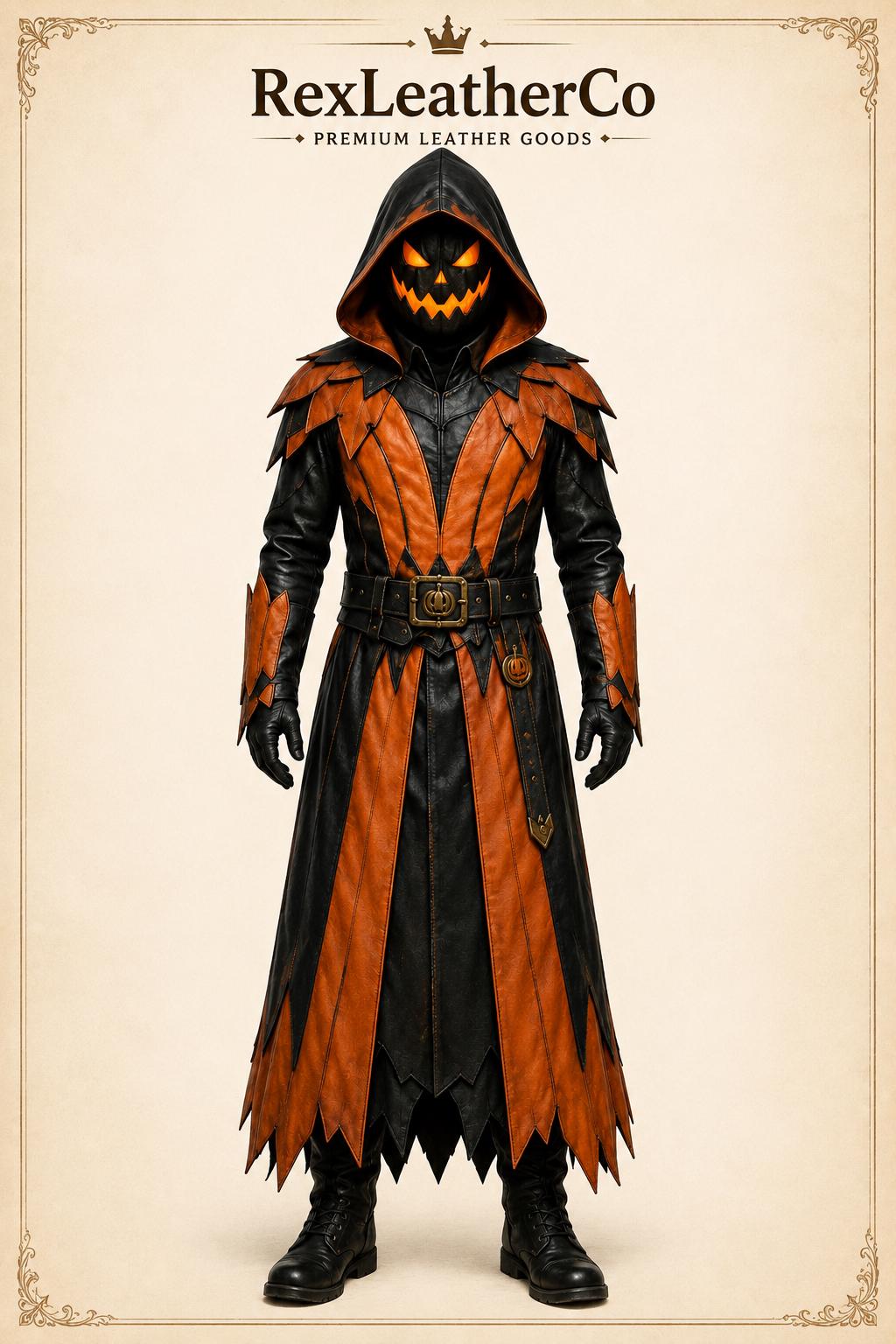 Handmade Leather Halloween Costume, Gothic Pumpkin Mask, Black Orange Cosplay Outfit