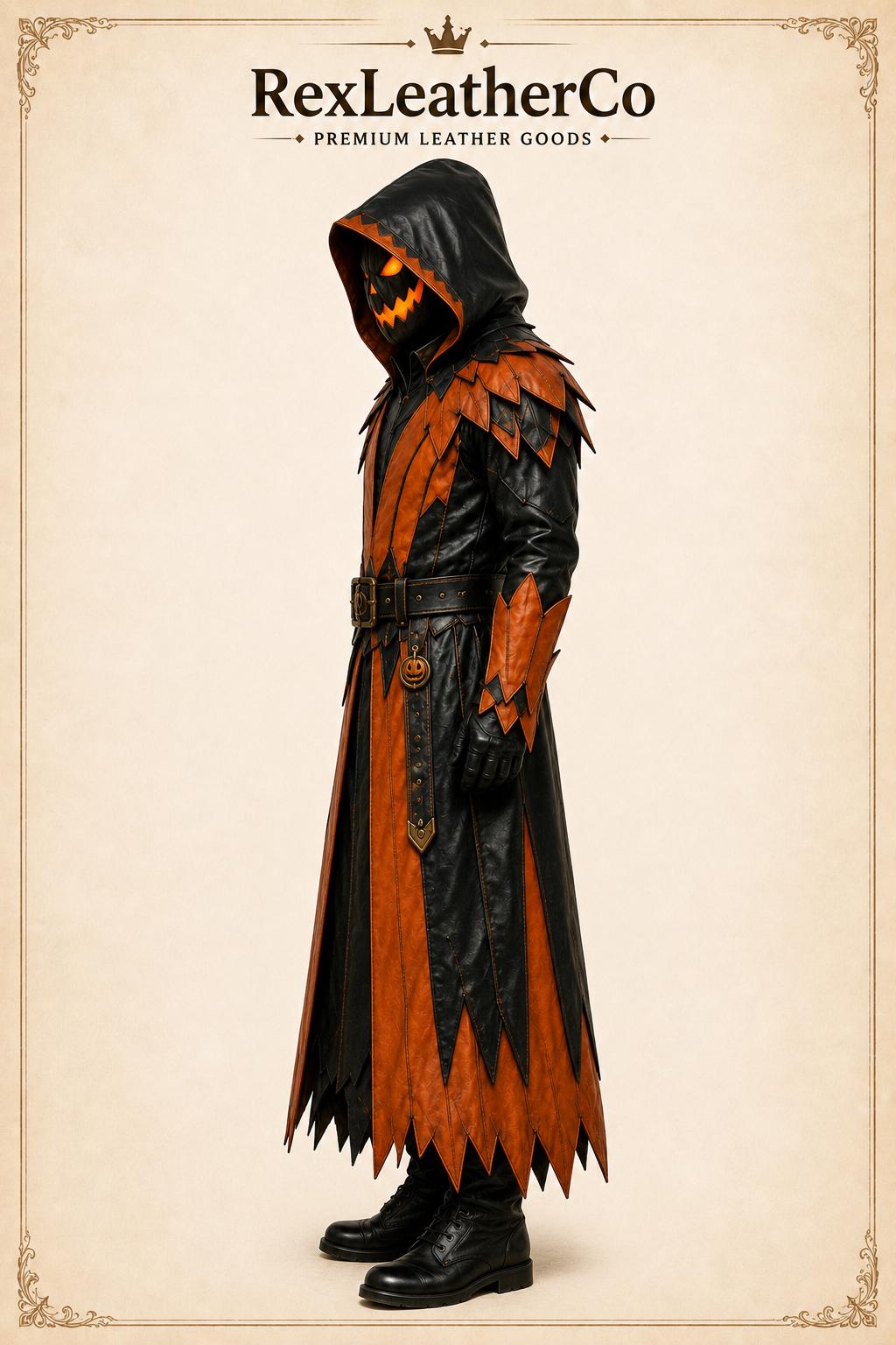 Handmade Leather Halloween Costume, Gothic Pumpkin Mask, Black Orange Cosplay Outfit