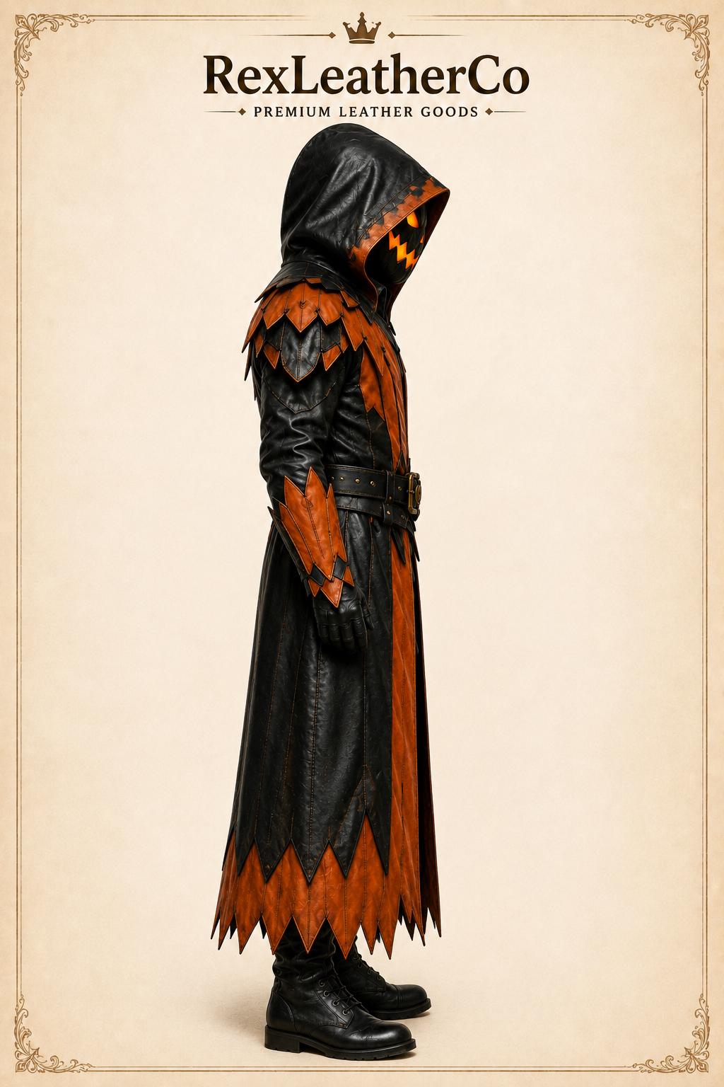 Handmade Leather Halloween Costume, Gothic Pumpkin Mask, Black Orange Cosplay Outfit