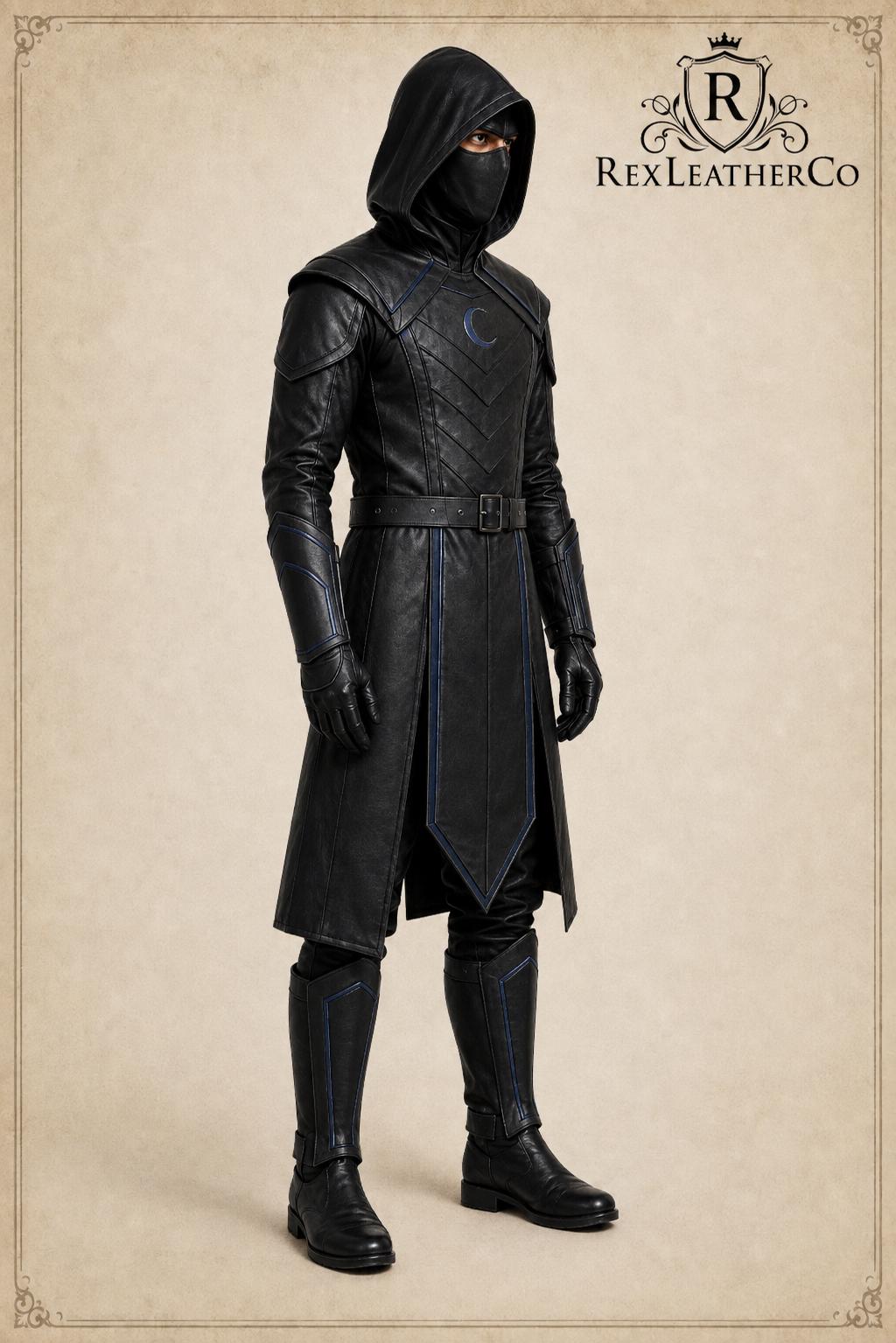 Handmade Black Leather Hooded Assassin Costume, Gothic Fantasy Warrior Outfit (Custom Sizing)