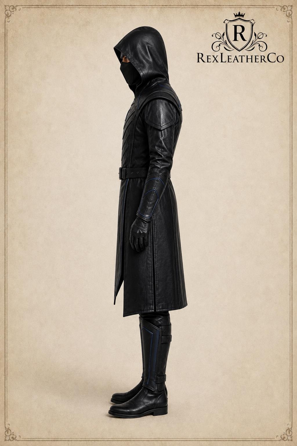 Handmade Black Leather Hooded Assassin Costume, Gothic Fantasy Warrior Outfit (Custom Sizing)