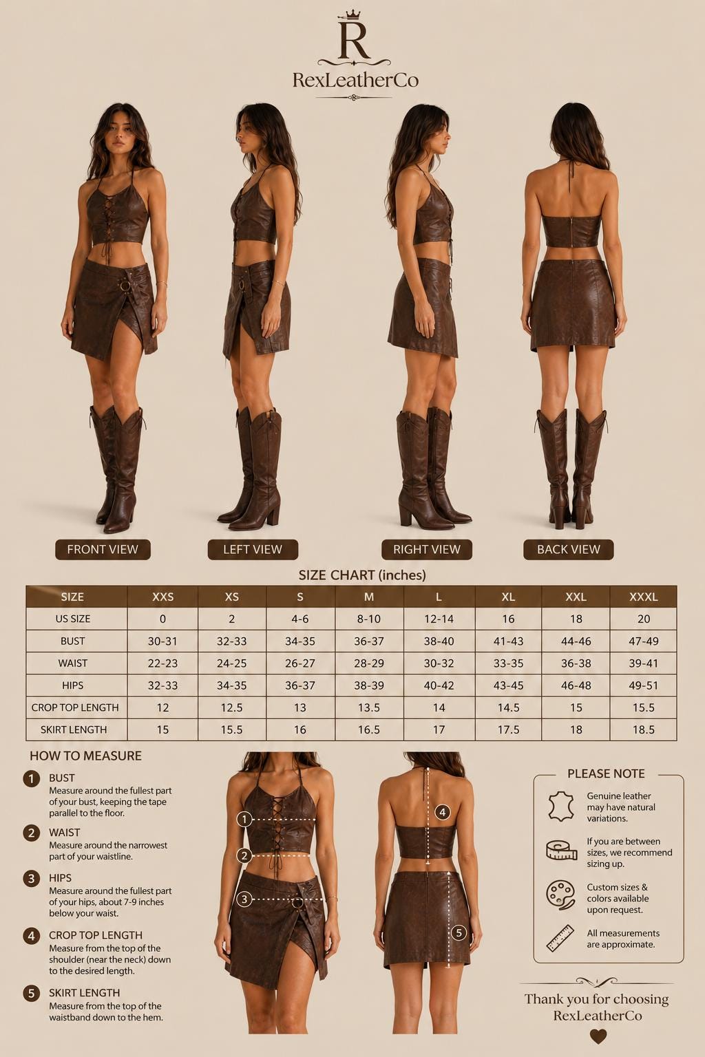 Handmade Brown Leather Crop Top & Wrap Skirt Set, Lace-Up Festival Outfit
