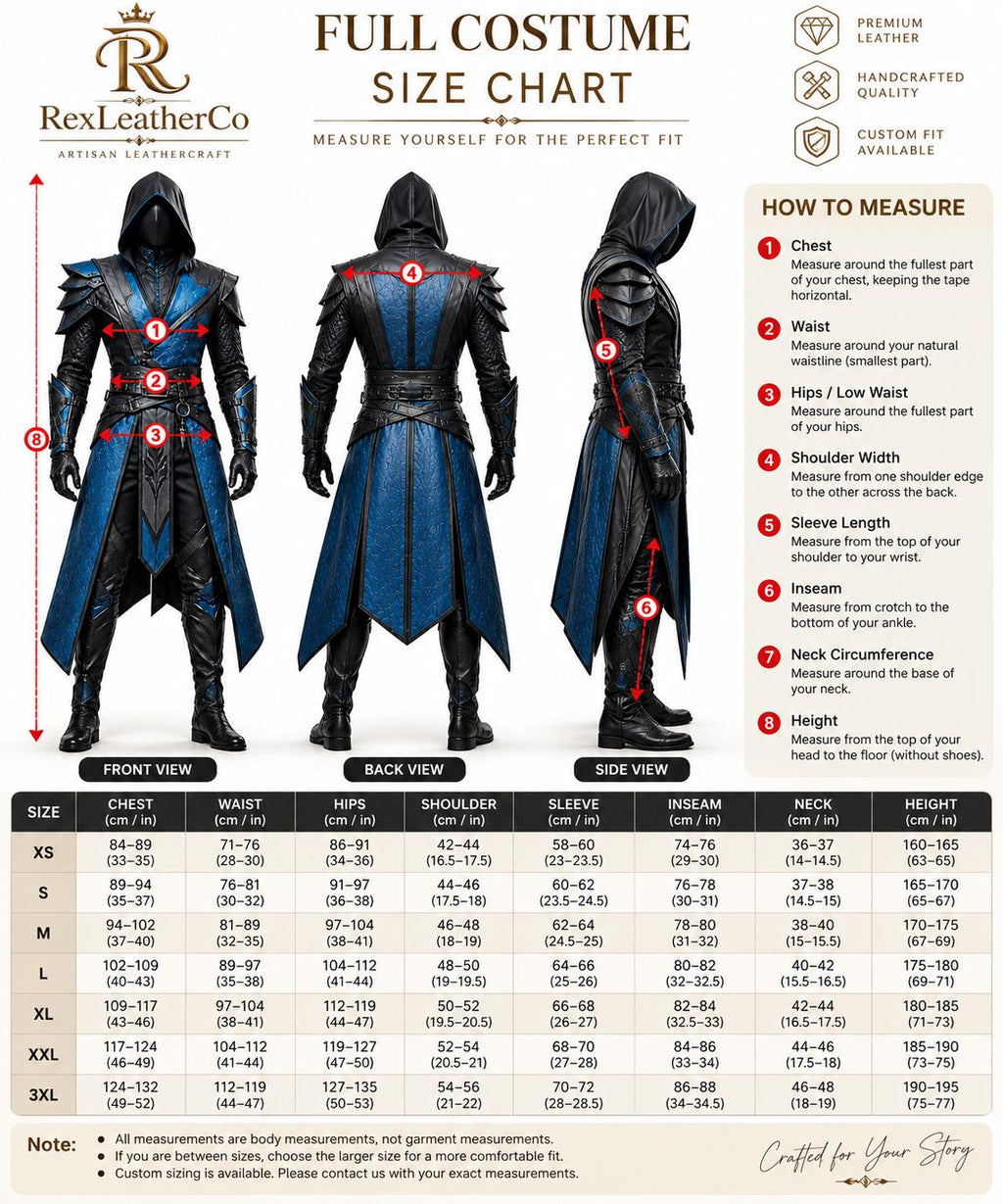 Handmade Black Blue Leather Assassin Costume, Hooded Warrior Armor, Fantasy Cosplay LARP Suit