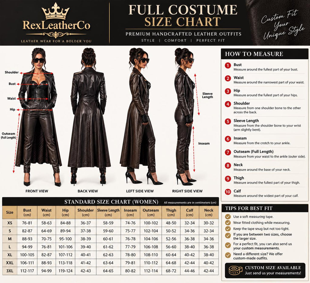 Women's Brown Leather Costume, Corset Top, High-Waist Pants, Long Coat (Custom Made)