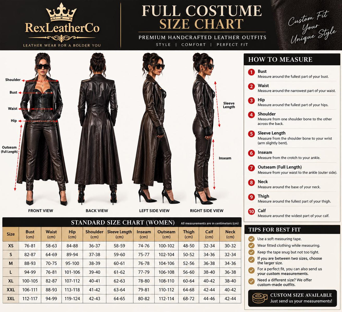 Women's Brown Leather Costume, Corset Top, High-Waist Pants, Long Coat (Custom Made)