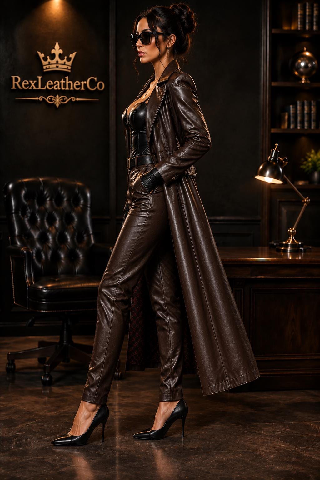 Women's Brown Leather Costume, Corset Top, High-Waist Pants, Long Coat (Custom Made)