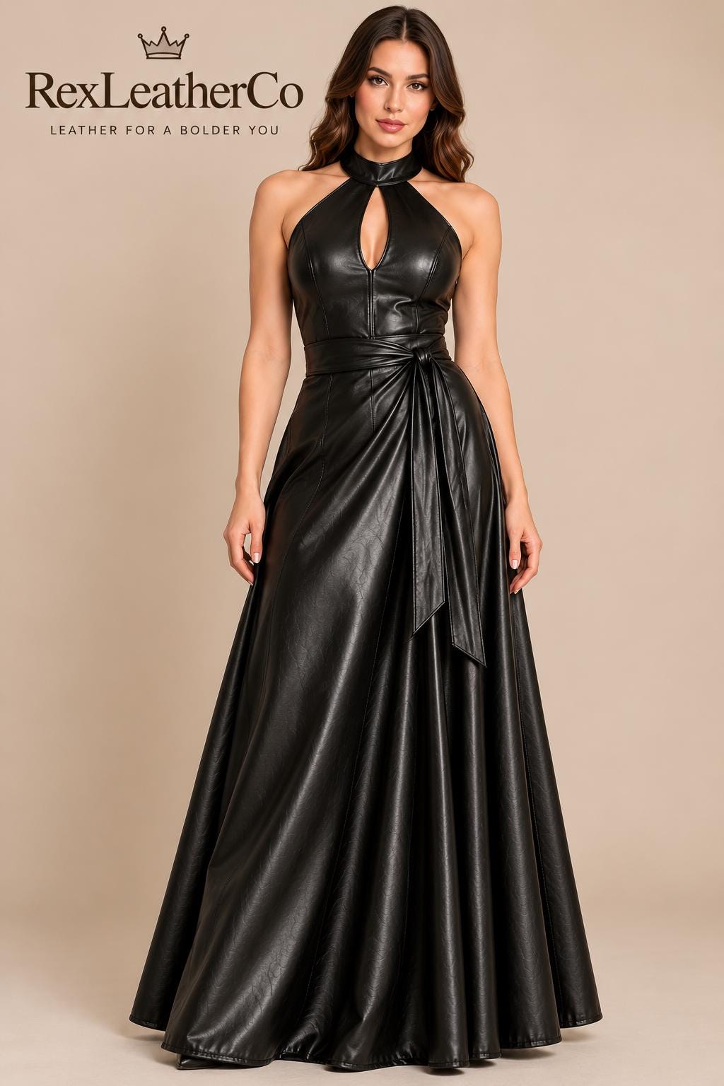 Handmade Black Leather Maxi Dress, Halter Neck Evening Gown, Custom Size