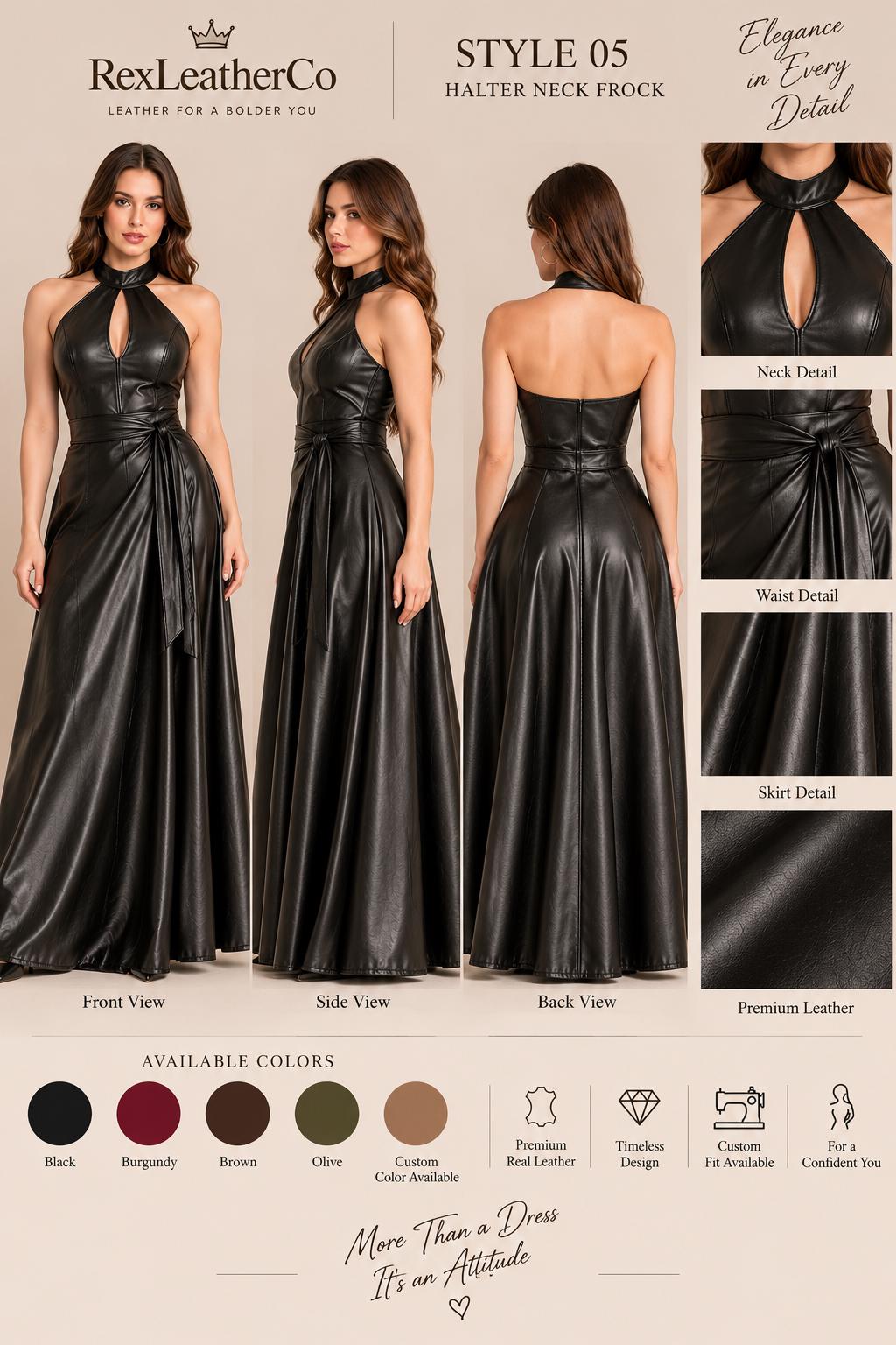 Handmade Black Leather Maxi Dress, Halter Neck Evening Gown, Custom Size