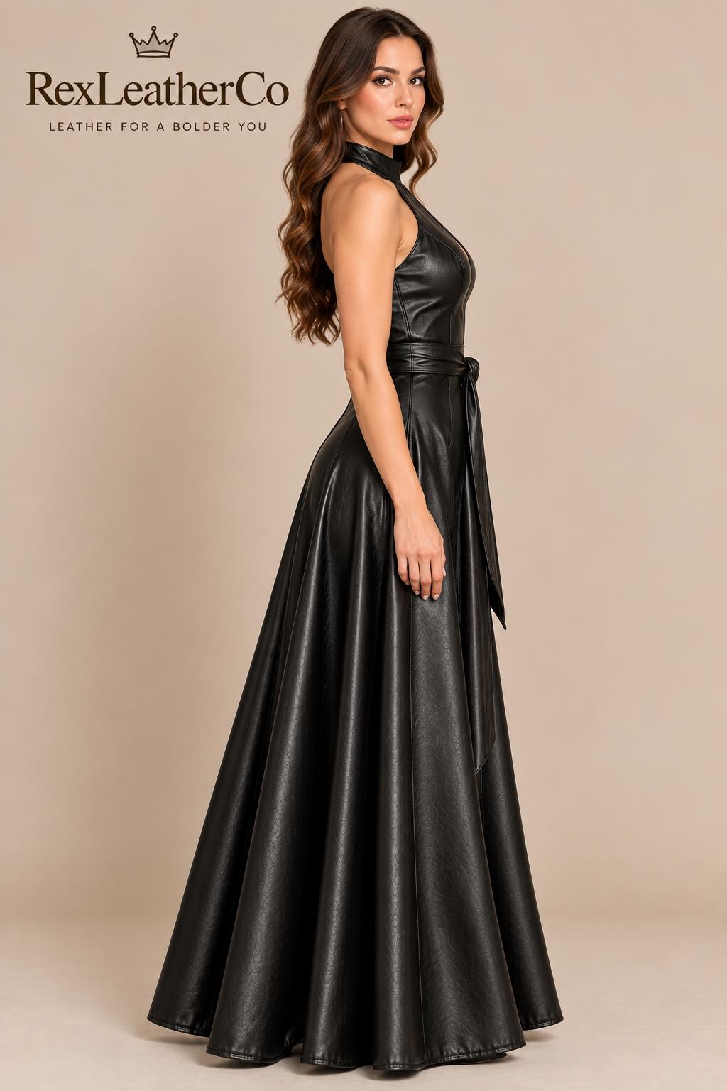 Handmade Black Leather Maxi Dress, Halter Neck Evening Gown, Custom Size